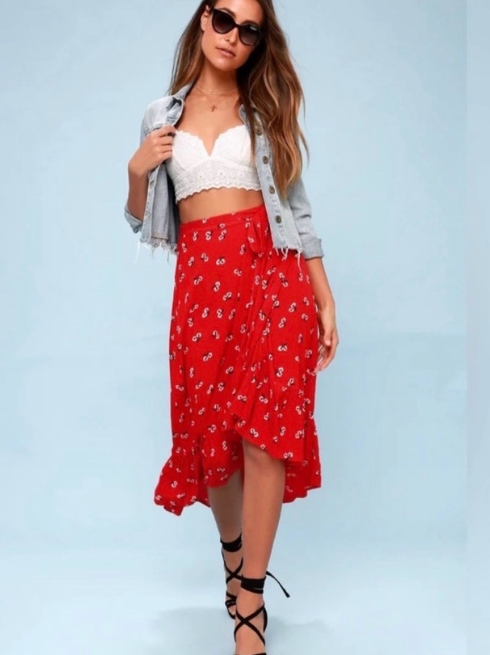 Billabong Red Floral High-Low Ruffle Midi Skirt